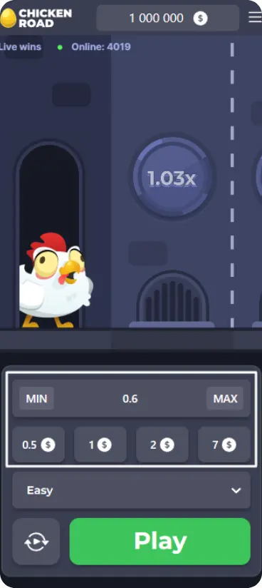 Chicken Road betting panel showing quick bet amount buttons from $0.01 to $10