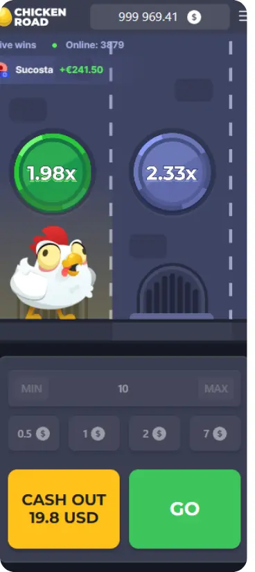 Chicken Road active gameplay showing cartoon chicken character standing on a revealed safe hatch.