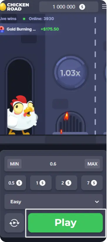 Rooster from Chicken Road game in starting position